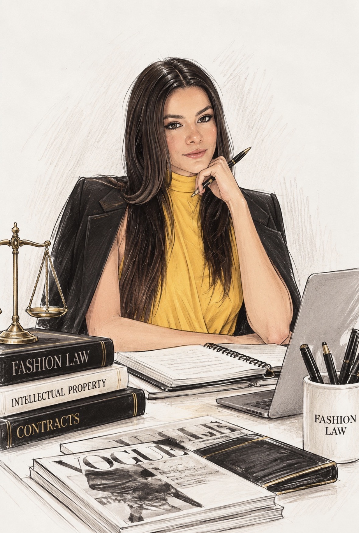 Ilustración editorial de la fundadora de ALO & LAW en su estudio de Fashion Law